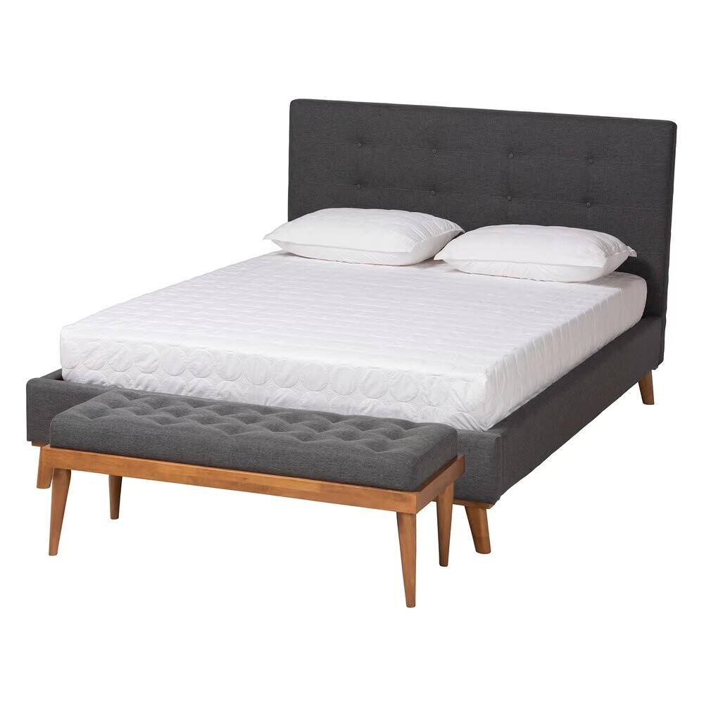 BAXTON STUDIO VALENCIA MID-CENTURY MODERN DARK GREY FABRIC UPHOLSTERED QUEEN SIZE 2-PIECE BEDROOM SET