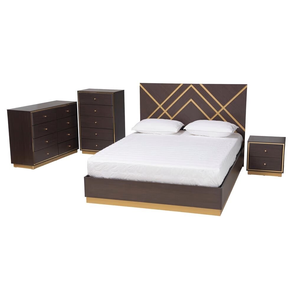 BAXTON STUDIO ARCELIA CONTEMPORARY GLAM AND LUXE TWO-TONE DARK BROWN AND GOLD FINISHED WOOD QUEEN SIZE 4-PIECE BEDROOM SET WITH CHEST