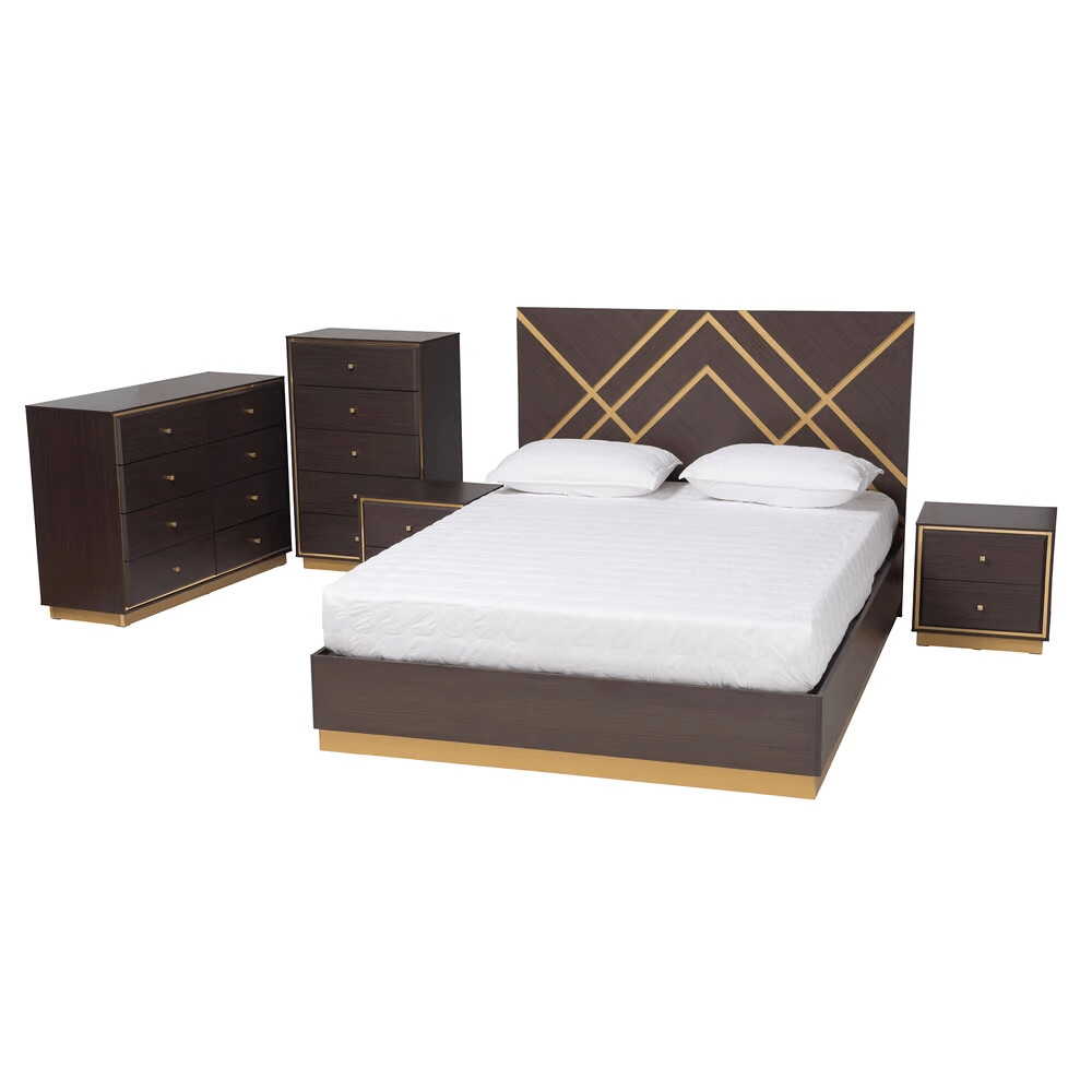 BAXTON STUDIO ARCELIA CONTEMPORARY GLAM AND LUXE TWO-TONE DARK BROWN AND GOLD FINISHED WOOD QUEEN SIZE 5-PIECE BEDROOM SET