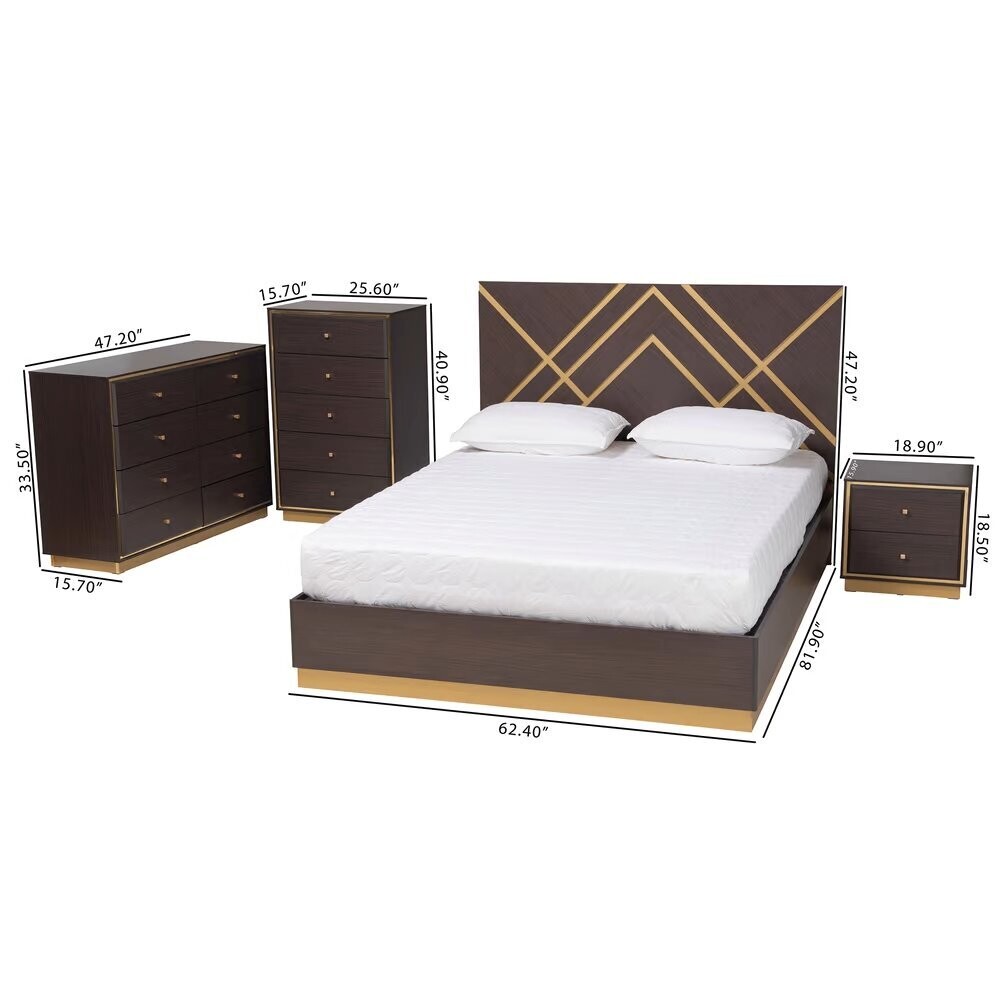 BAXTON STUDIO ARCELIA CONTEMPORARY GLAM AND LUXE TWO-TONE DARK BROWN AND GOLD FINISHED WOOD QUEEN SIZE 4-PIECE BEDROOM SET