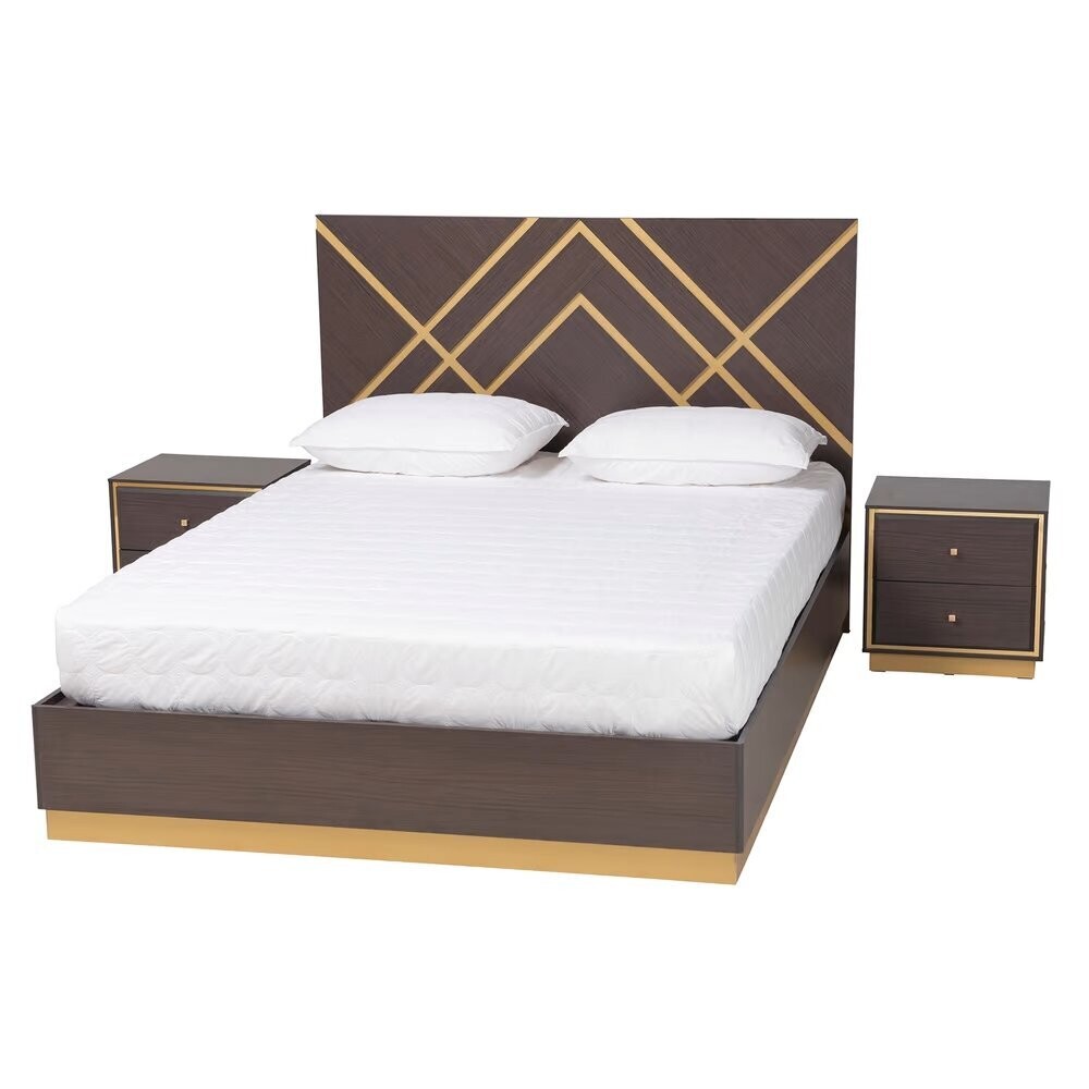 BAXTON STUDIO ARCELIA CONTEMPORARY GLAM AND LUXE TWO-TONE DARK BROWN AND GOLD FINISHED WOOD QUEEN SIZE 3-PIECE BEDROOM SET