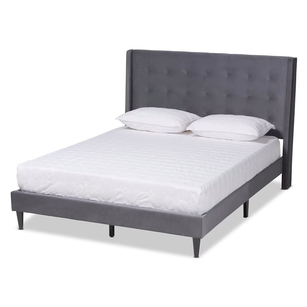 BAXTON STUDIO GOTHARD MODERN AND CONTEMPORARY GREY VELVET FABRIC UPHOLSTERED AND DARK BROWN FINISHED WOOD QUEEN SIZE PLATFORM BED