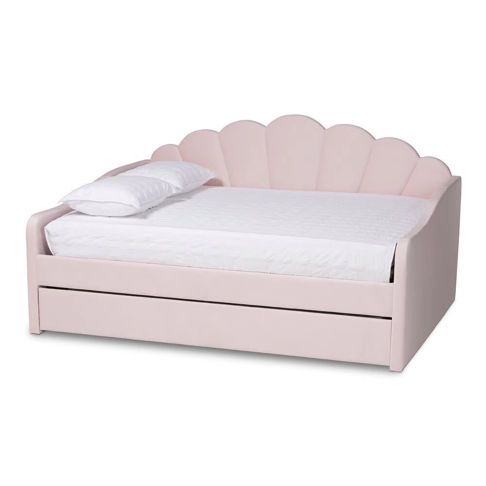 BAXTON STUDIO TIMILA MODERN AND CONTEMPORARY LIGHT PINK VELVET FABRIC UPHOLSTERED QUEEN SIZE DAYBED WITH TRUNDLE