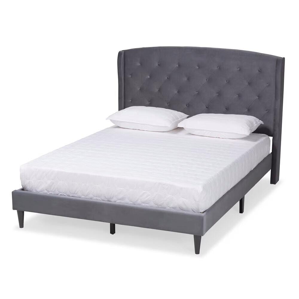 BAXTON STUDIO JOANNA MODERN AND CONTEMPORAY GREY VELVET FABRIC UPHOLSTERED AND DARK BROWN FINISHED WOOD QUEEN SIZE PLATFORM BED