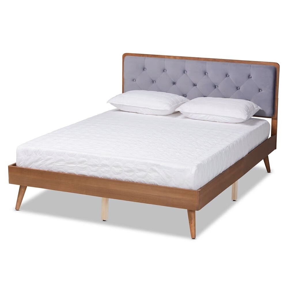 BAXTON STUDIO LARUE MODERN AND CONTEMPORARY GREY VELVET FABRIC UPHOLSTERED AND WALNUT BROWN FINISHED WOOD QUEEN SIZE PLATFORM BED