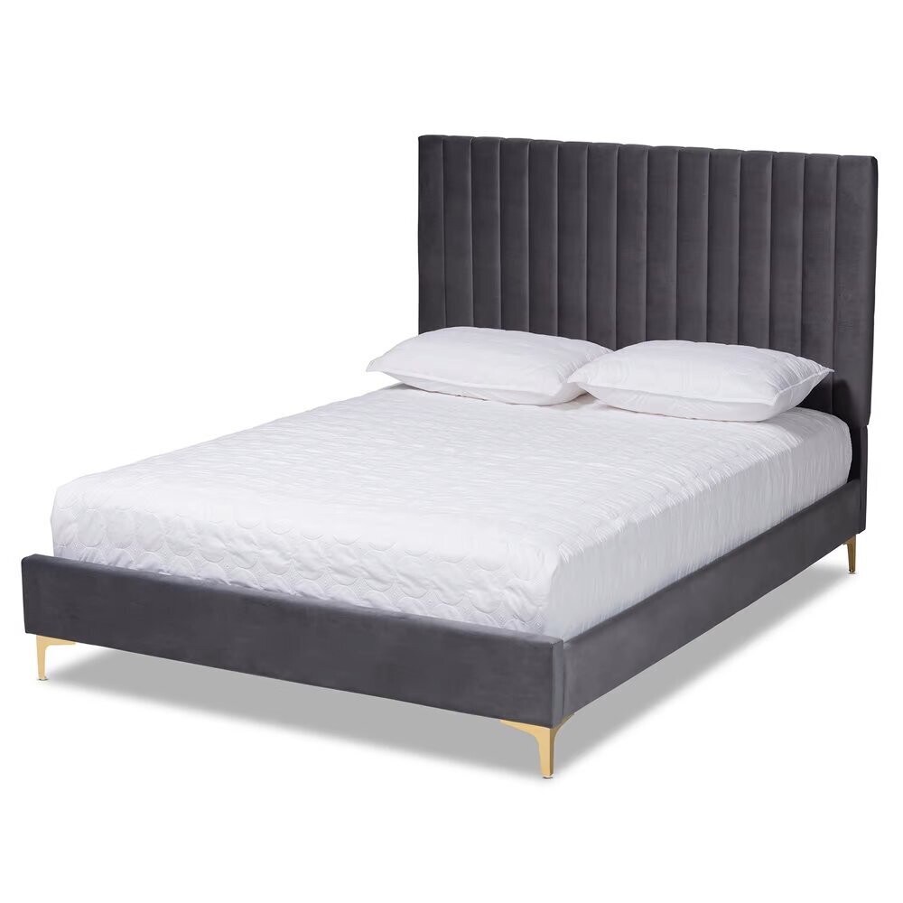 BAXTON STUDIO SERRANO CONTEMPORARY GLAM AND LUXE GREY VELVET FABRIC UPHOLSTERED AND GOLD METAL QUEEN SIZE PLATFORM BED