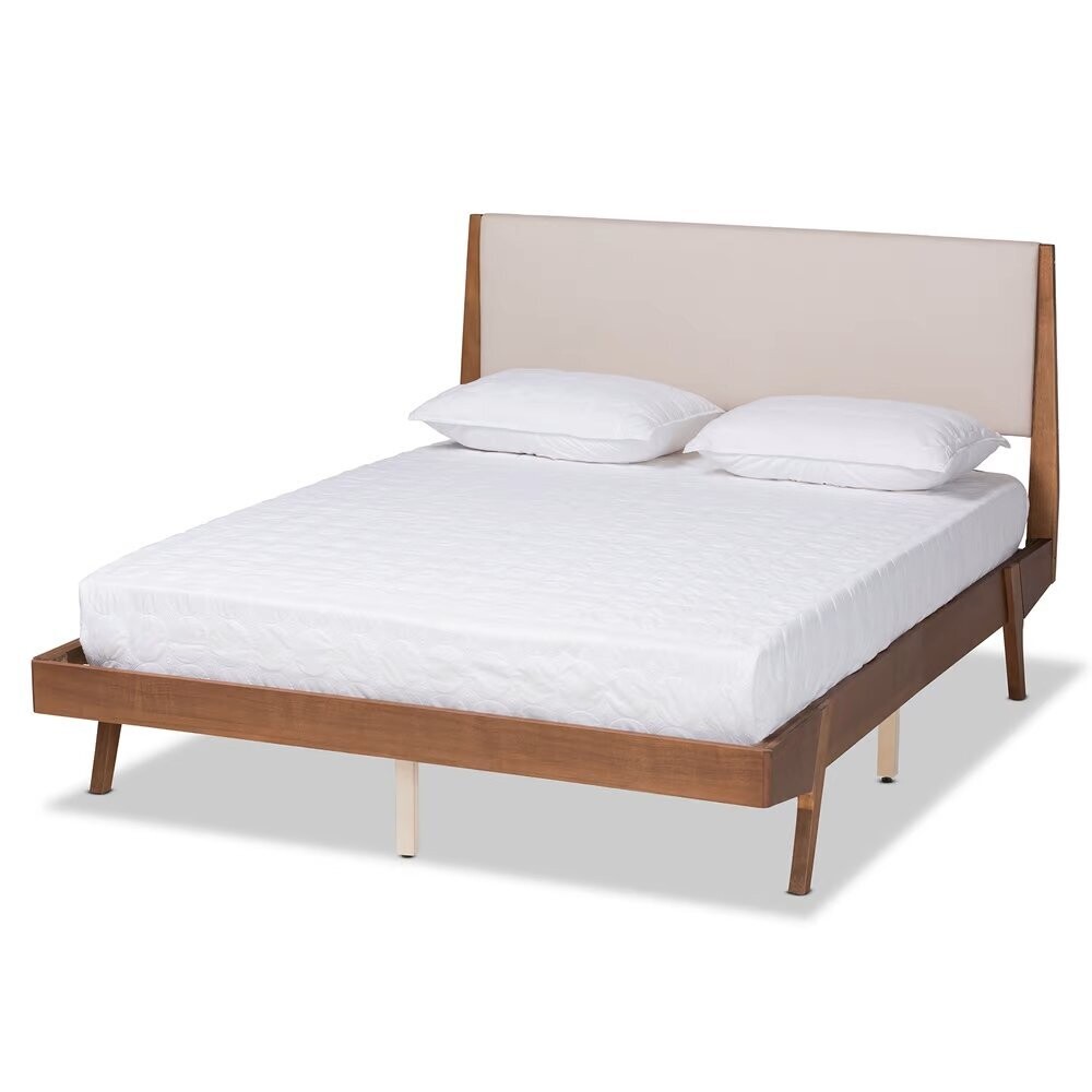 BAXTON STUDIO SENNA MID-CENTURY MODERN BEIGE FABRIC UPHOLSTERED AND WALNUT BROWN FINISHED WOOD QUEEN SIZE PLATFORM BED