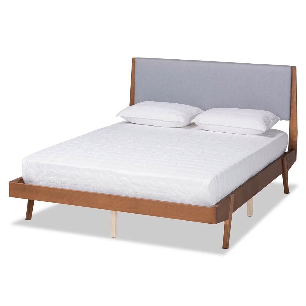 BAXTON STUDIO SENNA MID-CENTURY MODERN GREY FABRIC UPHOLSTERED AND WALNUT BROWN FINISHED WOOD QUEEN SIZE PLATFORM BED