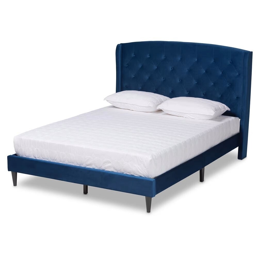 BAXTON STUDIO JOANNA MODERN AND CONTEMPORAY NAVY BLUE VELVET FABRIC UPHOLSTERED AND DARK BROWN FINISHED WOOD KING SIZE PLATFORM BED