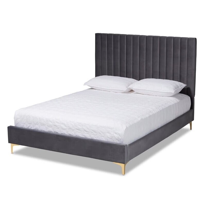 BAXTON STUDIO SERRANO CONTEMPORARY GLAM AND LUXE GREY VELVET FABRIC UPHOLSTERED AND GOLD METAL KING SIZE PLATFORM BED