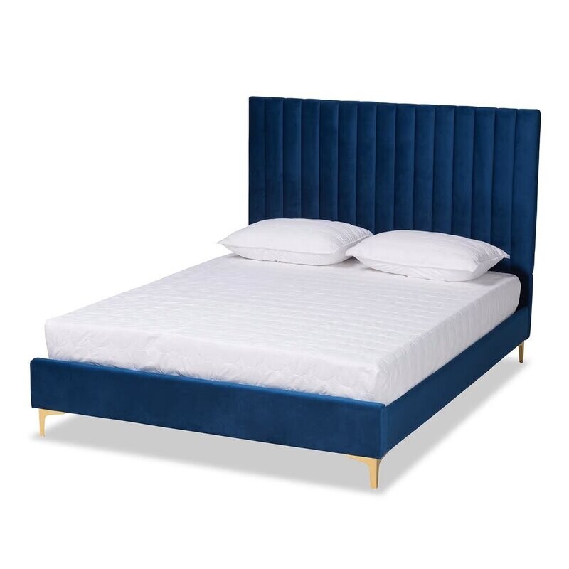 BAXTON STUDIO SERRANO CONTEMPORARY GLAM AND LUXE NAVY BLUE VELVET FABRIC UPHOLSTERED AND GOLD METAL KING SIZE PLATFORM BED
