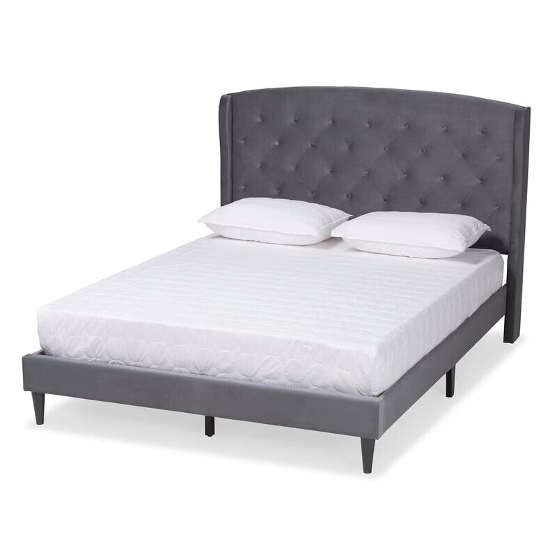 BAXTON STUDIO JOANNA MODERN AND CONTEMPORAY GREY VELVET FABRIC UPHOLSTERED AND DARK BROWN FINISHED WOOD KING SIZE PLATFORM BED