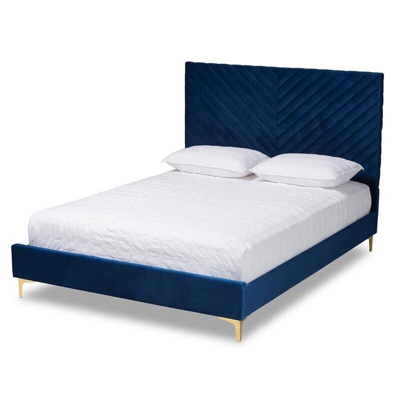 BAXTON STUDIO FABRICO CONTEMPORARY GLAM AND LUXE NAVY BLUE VELVET FABRIC UPHOLSTERED AND GOLD METAL KING SIZE PLATFORM BED