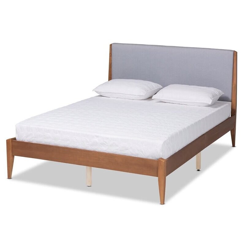 BAXTON STUDIO LENORA MID-CENTURY MODERN GREY FABRIC UPHOLSTERED AND WALNUT BROWN FINISHED WOOD KING SIZE PLATFORM BED