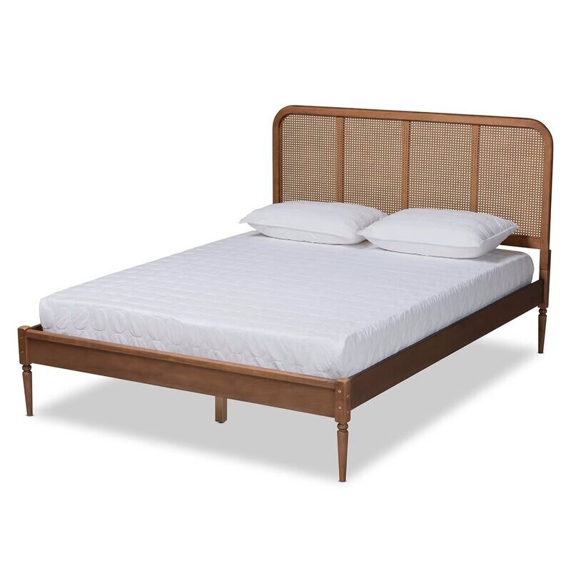 BAXTON STUDIO ELSTON MID-CENTURY MODERN WALNUT BROWN FINISHED WOOD AND SYNTHETIC RATTAN KING SIZE PLATFORM BED