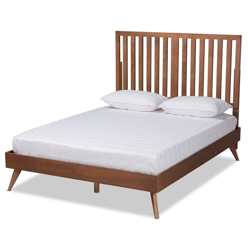 BAXTON STUDIO SAKI MID-CENTURY MODERN WALNUT BROWN FINISHED WOOD KING SIZE PLATFORM BED