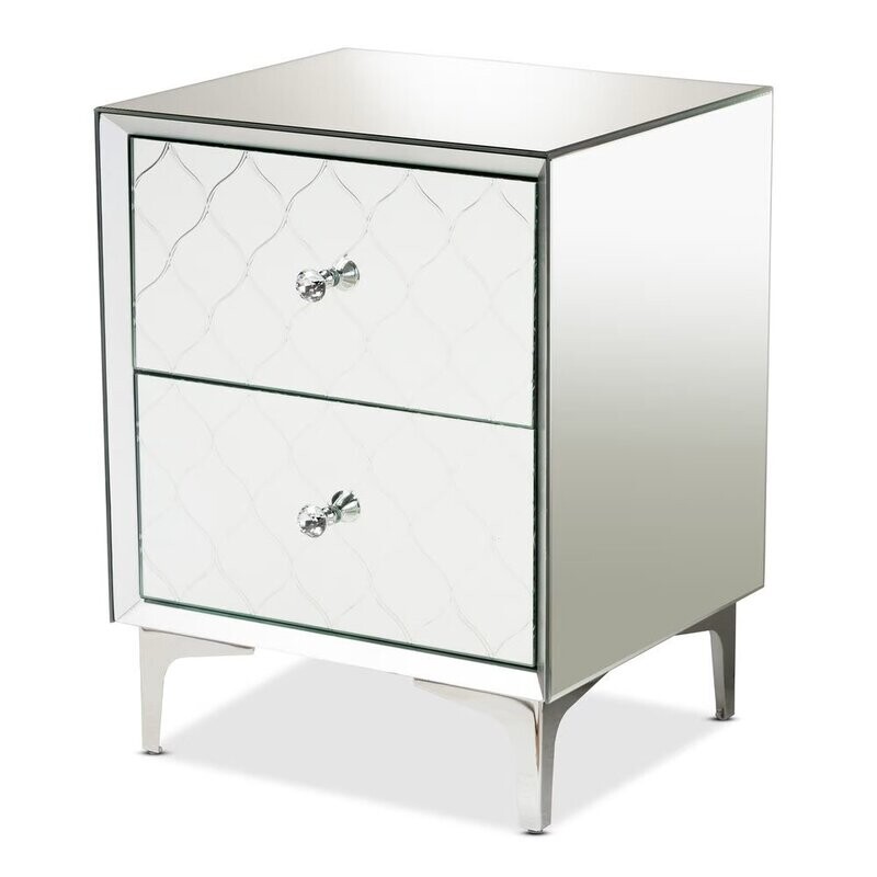BAXTON STUDIO KACELA CONTEMPORARY GLAM AND LUXE SILVER FINISHED METAL 2-DRAWER NIGHTSTAND WITH MIRRORED GLASS
