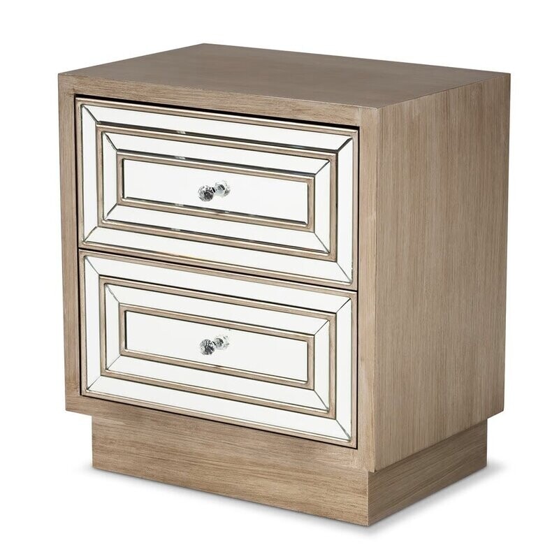 BAXTON STUDIO ELLIS TRANSITIONAL GLAM AND LUXE NATURAL BROWN FINISHED WOOD 2-DRAWER NIGHTSTAND WITH MIRRORED GLASS