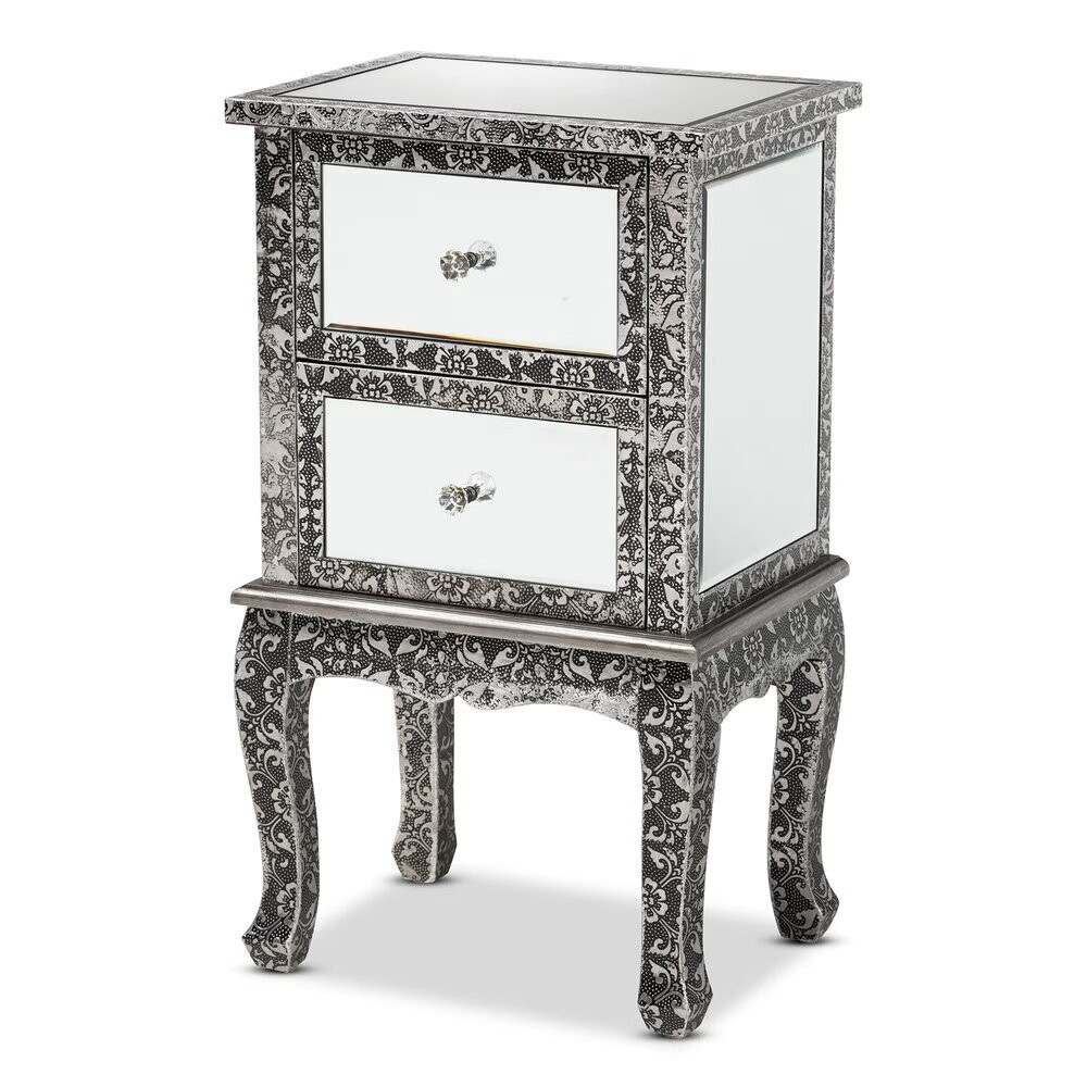 BAXTON STUDIO WYCLIFF INDUSTRIAL GLAM AND LUXE SILVER FINISHED METAL AND MIRRORED GLASS 2-DRAWER NIGHTSTAND