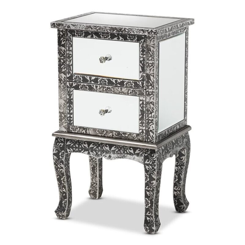 BAXTON STUDIO WYCLIFF INDUSTRIAL GLAM AND LUXE SILVER FINISHED METAL AND MIRRORED GLASS 2-DRAWER NIGHTSTAND