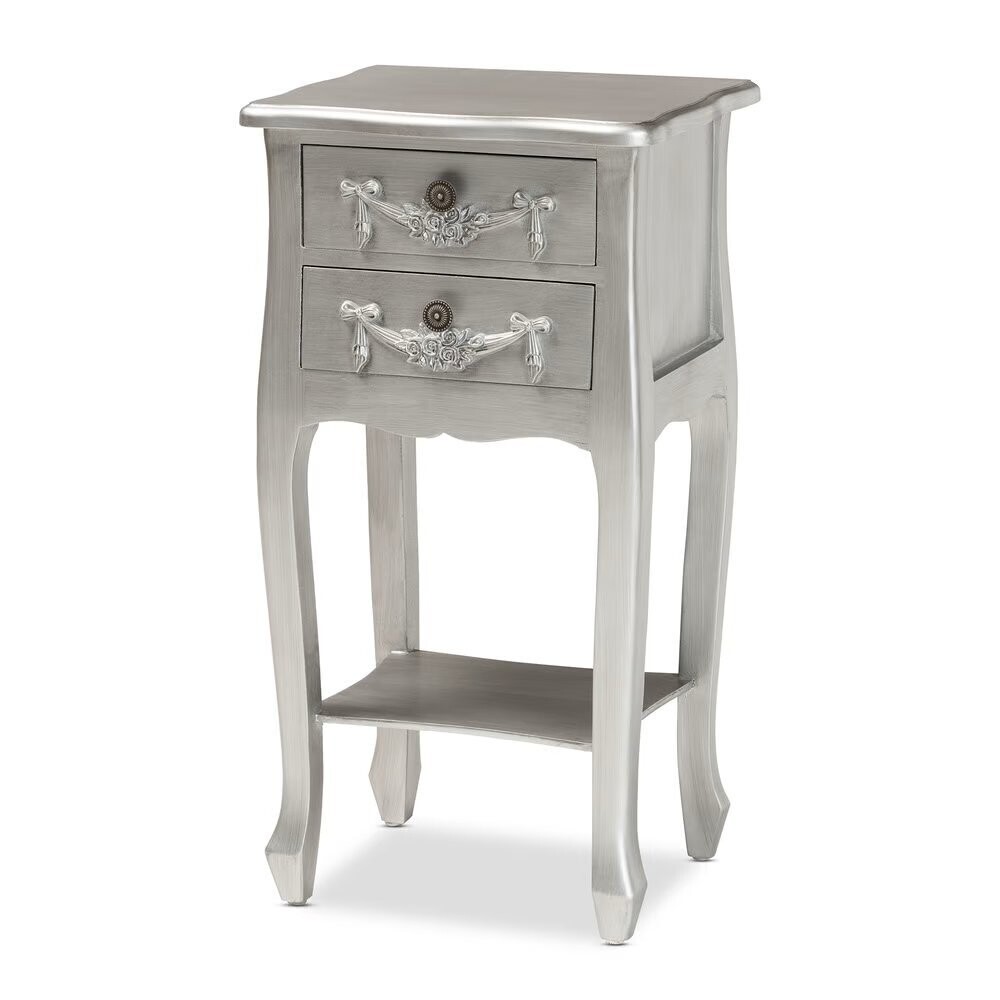 BAXTON STUDIO ELIYA CLASSIC AND TRADITIONAL BRUSHED SILVER FINISHED WOOD 2-DRAWER NIGHTSTAND