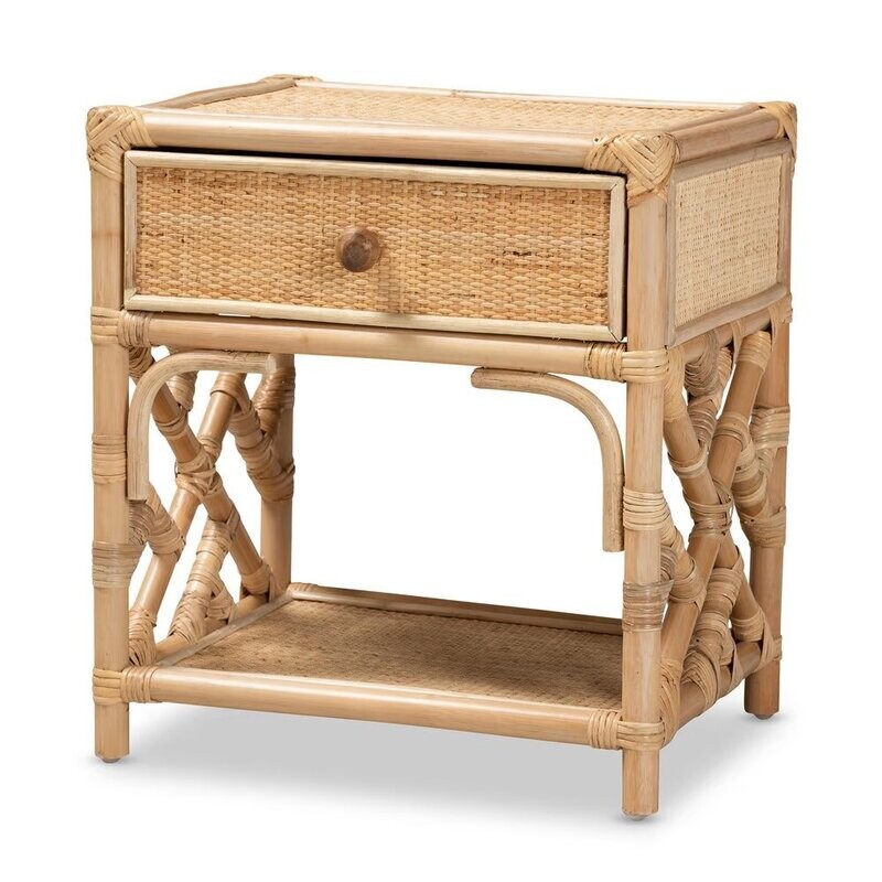 BAXTON STUDIO CAMARA MODERN BOHEMIAN NATURAL BROWN RATTAN 1-DRAWER NIGHTSTAND