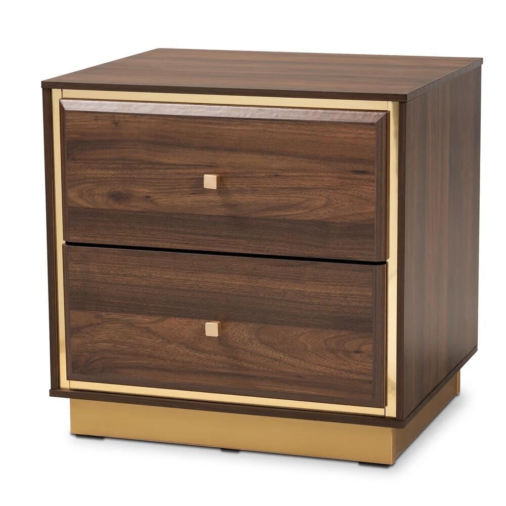 BAXTON STUDIO CORMAC MID-CENTURY MODERN TRANSITIONAL WALNUT BROWN FINISHED WOOD AND GOLD METAL 2-DRAWER NIGHTSTAND