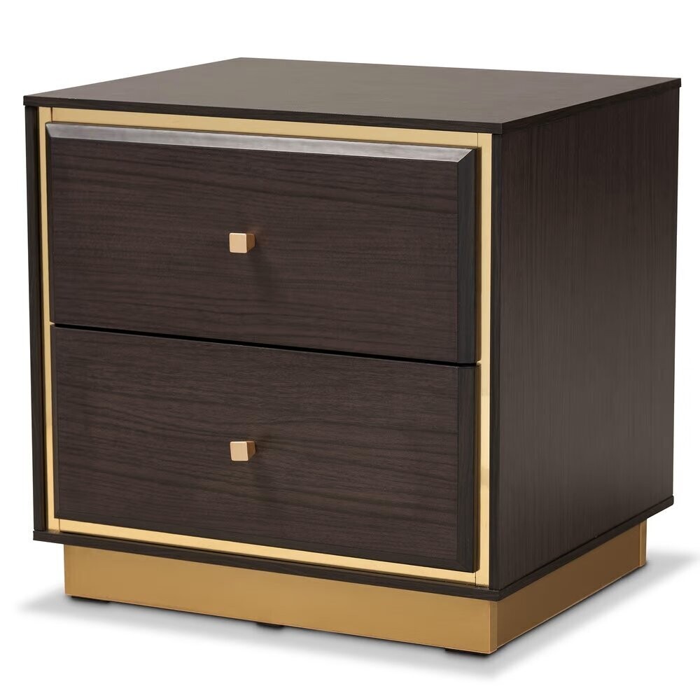 BAXTON STUDIO CORMAC MID-CENTURY MODERN TRANSITIONAL DARK BROWN FINISHED WOOD AND GOLD METAL 2-DRAWER NIGHTSTAND