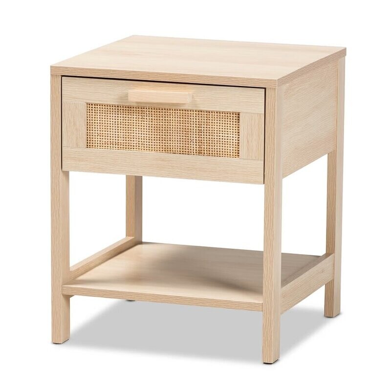 BAXTON STUDIO SEBILLE MID-CENTURY MODERN LIGHT BROWN FINISHED WOOD 1-DRAWER NIGHTSTAND WITH NATURAL RATTAN