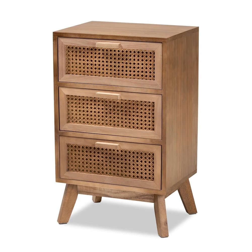 BAXTON STUDIO BADEN MID-CENTURY MODERN WALNUT BROWN FINISHED WOOD 3-DRAWER NIGHTSTAND WITH RATTAN