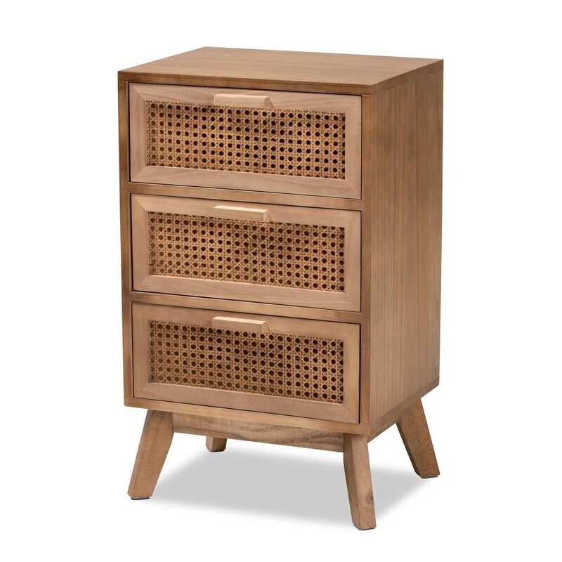 BAXTON STUDIO BADEN MID-CENTURY MODERN WALNUT BROWN FINISHED WOOD 3-DRAWER NIGHTSTAND WITH RATTAN