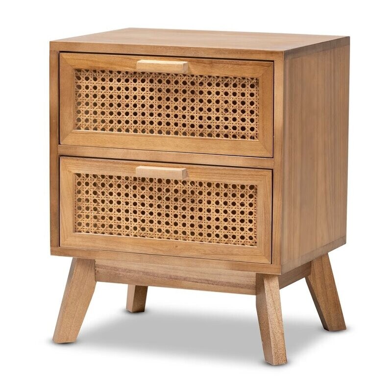 BAXTON STUDIO BADEN MID-CENTURY MODERN WALNUT BROWN FINISHED WOOD 2-DRAWER NIGHTSTAND WITH RATTAN