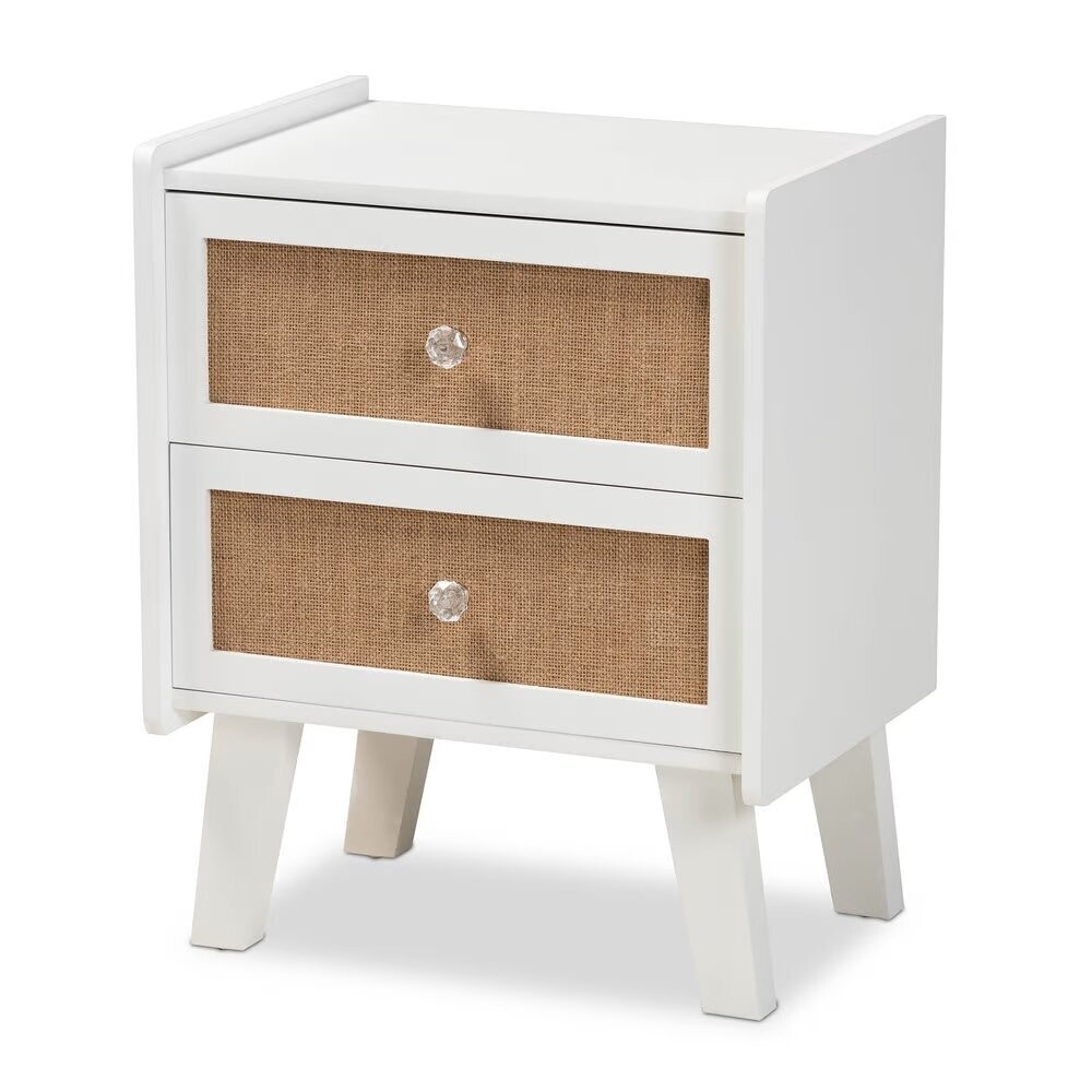 BAXTON STUDIO BALTA MID-CENTURY MODERN TRANSITIONAL OAK BROWN RATTAN AND WHITE FINISHED WOOD 2-DRAWER NIGHTSTAND