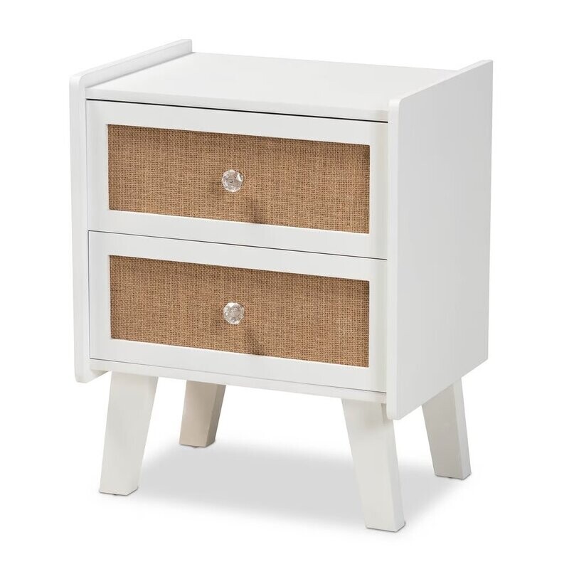 BAXTON STUDIO BALTA MID-CENTURY MODERN TRANSITIONAL OAK BROWN RATTAN AND WHITE FINISHED WOOD 2-DRAWER NIGHTSTAND