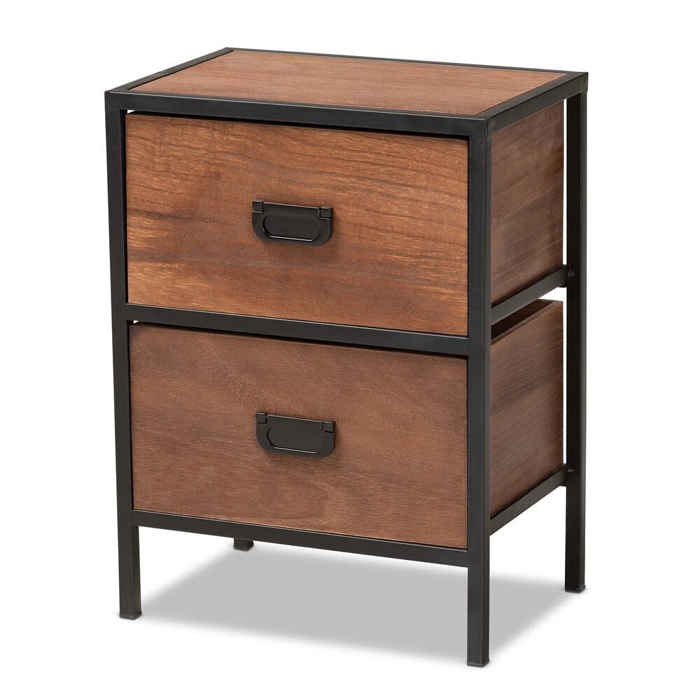 BAXTON STUDIO HILLARD MODERN INDUSTRIAL WALNUT BROWN FINISHED WOOD AND BLACK METAL 2-DRAWER NIGHTSTAND