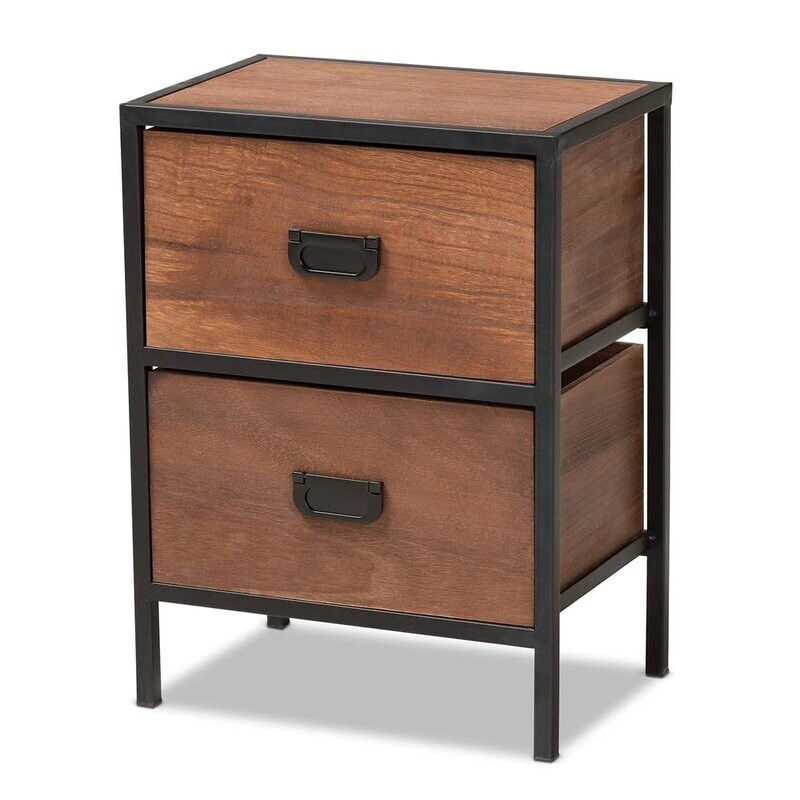 BAXTON STUDIO HILLARD MODERN INDUSTRIAL WALNUT BROWN FINISHED WOOD AND BLACK METAL 2-DRAWER NIGHTSTAND