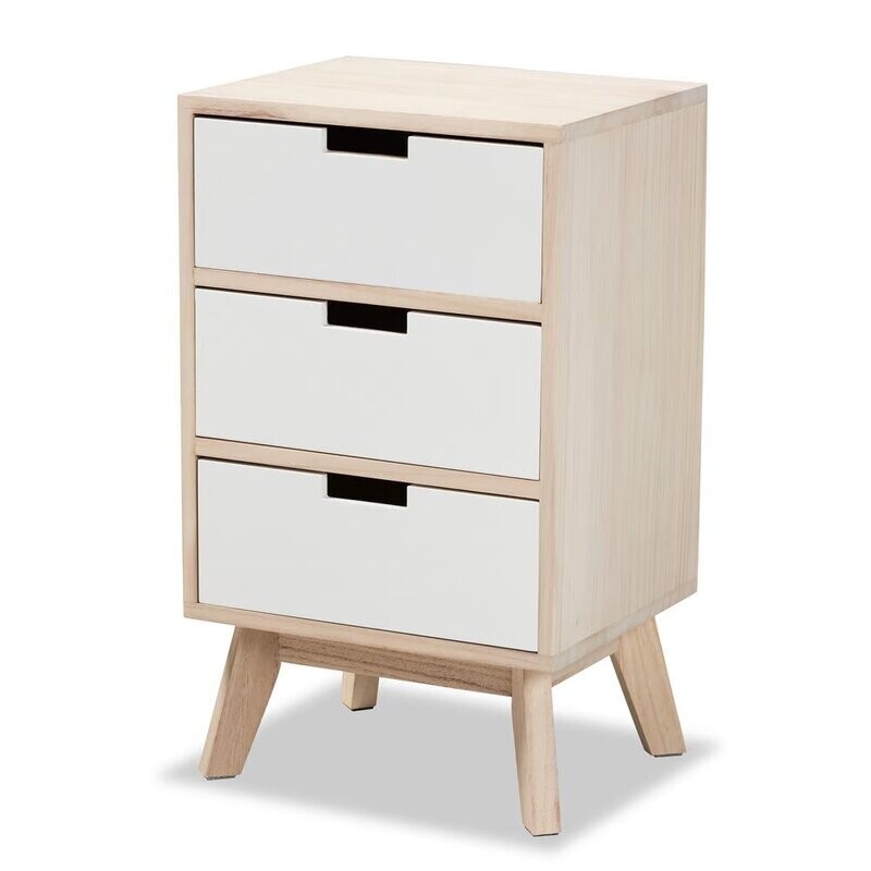 BAXTON STUDIO HALIAN MID-CENTURY MODERN TWO-TONE WHITE AND LIGHT BROWN FINISHED WOOD 3-DRAWER NIGHTSTAND