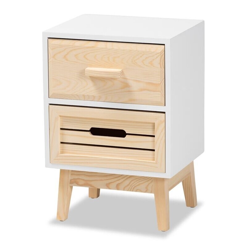 BAXTON STUDIO KALIDA MID-CENTURY MODERN TWO-TONE WHITE AND OAK BROWN FINISHED WOOD 2-DRAWER NIGHTSTAND