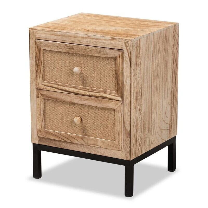 BAXTON STUDIO LALETTE MID-CENTURY MODERN OAK BROWN FINISHED WOOD AND BLACK METAL 2-DRAWER NIGHTSTAND