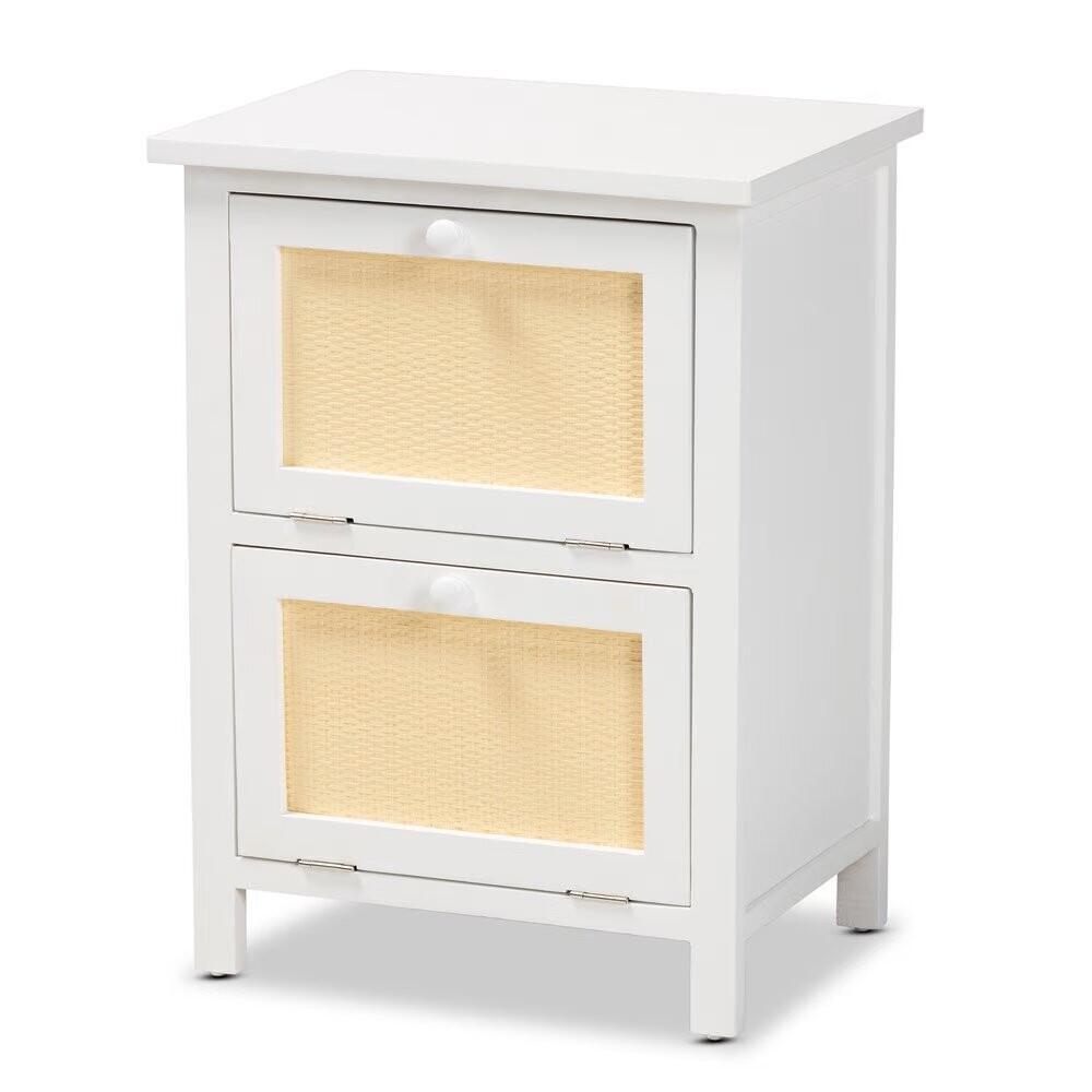 BAXTON STUDIO SARIAH MID-CENTURY MODERN WHITE FINISHED WOOD AND RATTAN 2-DOOR NIGHTSTAND