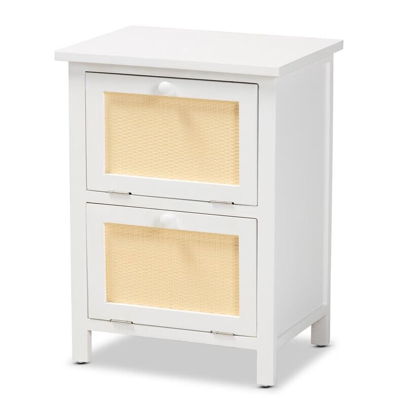 BAXTON STUDIO SARIAH MID-CENTURY MODERN WHITE FINISHED WOOD AND RATTAN 2-DOOR NIGHTSTAND