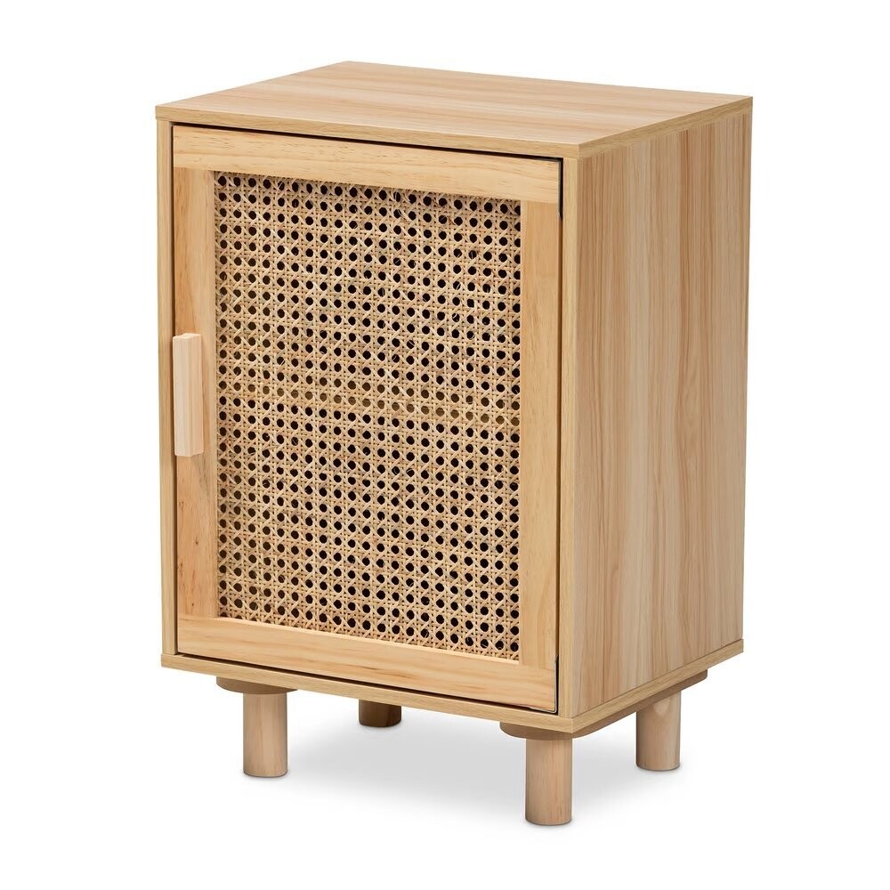 BAXTON STUDIO MACLEAN MID-CENTURY MODERN RATTAN AND NATURAL BROWN FINISHED WOOD 1-DOOR NIGHTSTAND