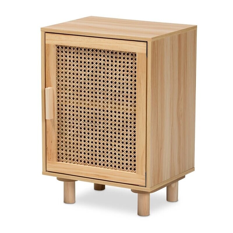 BAXTON STUDIO MACLEAN MID-CENTURY MODERN RATTAN AND NATURAL BROWN FINISHED WOOD 1-DOOR NIGHTSTAND
