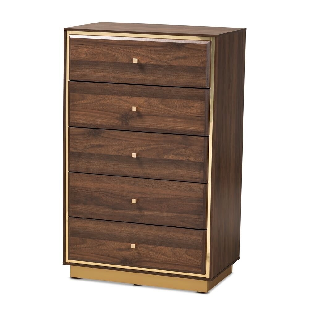 BAXTON STUDIO CORMAC MID-CENTURY MODERN TRANSITIONAL WALNUT BROWN FINISHED WOOD AND GOLD METAL 5-DRAWER STORAGE CHEST

Item #: LV28COD28231-Walnut-5DW-Chest