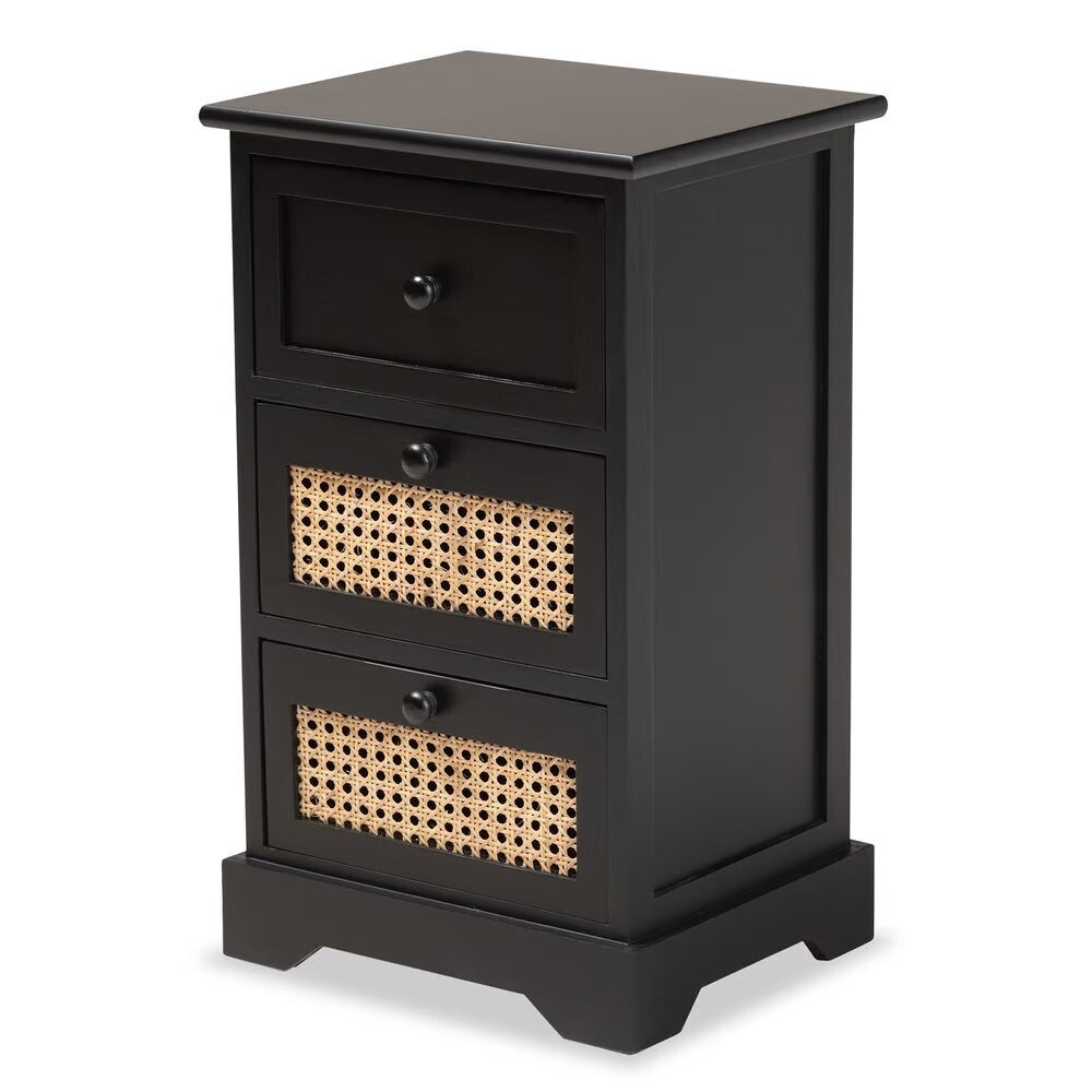 BAXTON STUDIO DACEY MID-CENTURY MODERN TRANSITIONAL ESPRESSO BROWN FINISHED WOOD AND RATTAN 3-DRAWER STORAGE CABINET