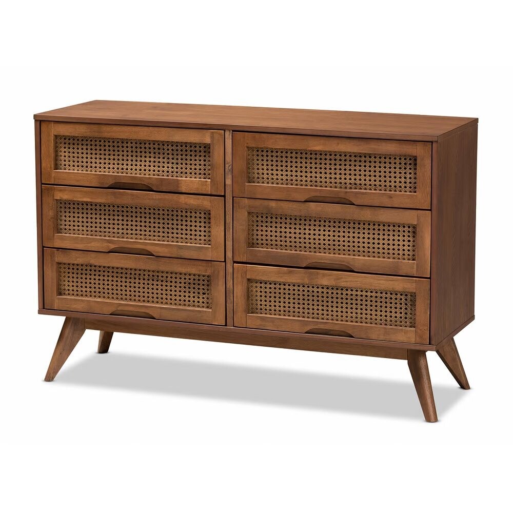 BAXTON STUDIO BARRETT MID-CENTURY MODERN WALNUT BROWN FINISHED WOOD AND SYNTHETIC RATTAN 6-DRAWER DRESSER