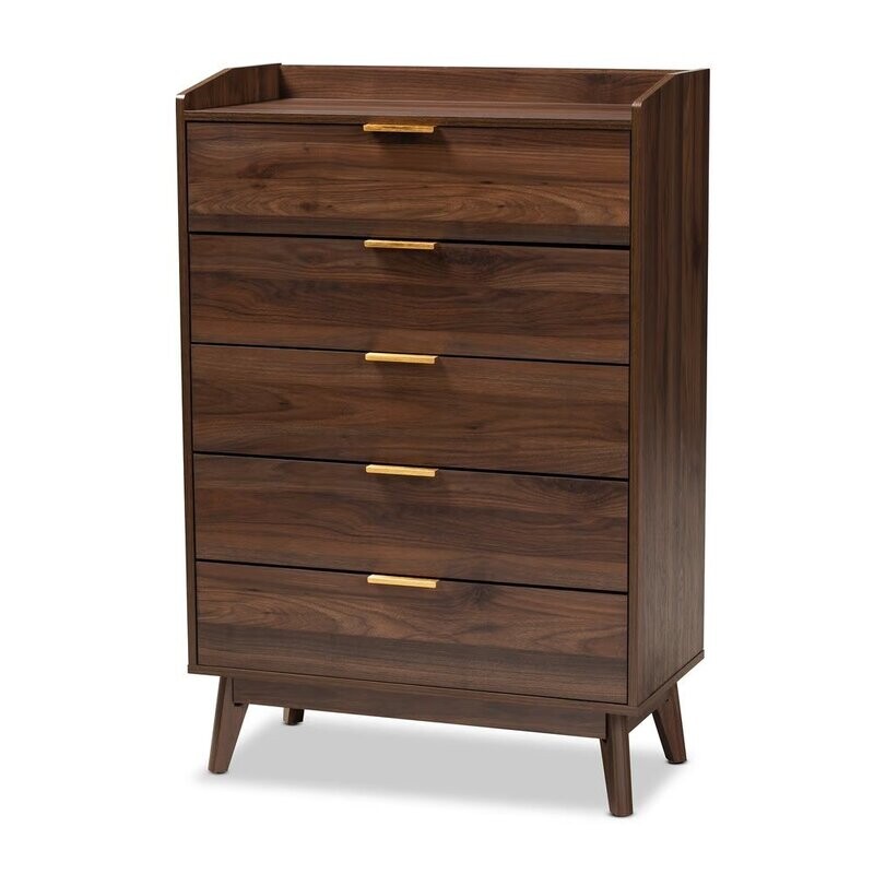 BAXTON STUDIO LENA MID-CENTURY MODERN WALNUT BROWN FINISHED 5-DRAWER WOOD CHEST