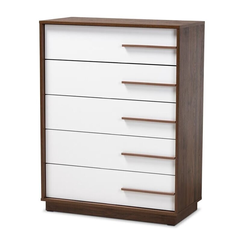 BAXTON STUDIO METTE MID-CENTURY MODERN TWO-TONE WHITE AND WALNUT FINISHED 5-DRAWER WOOD CHEST