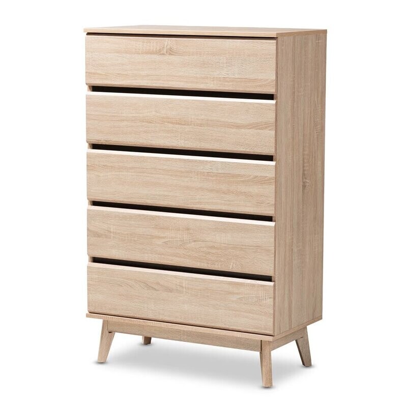 BAXTON STUDIO MIREN MID-CENTURY MODERN LIGHT OAK AND DARK GREY 5-DRAWER CHEST