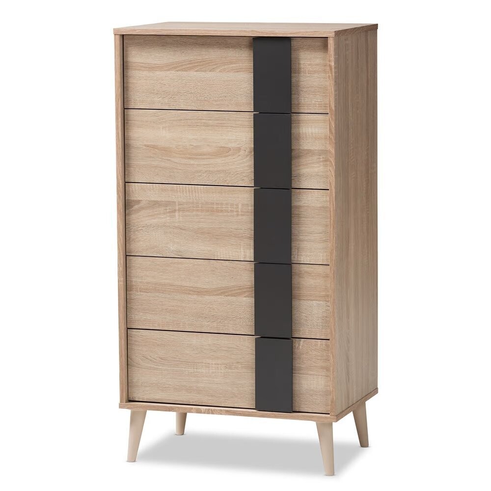 BAXTON STUDIO LISEN MID-CENTURY MODERN LIGHT OAK AND GREY 5-DRAWER CHEST